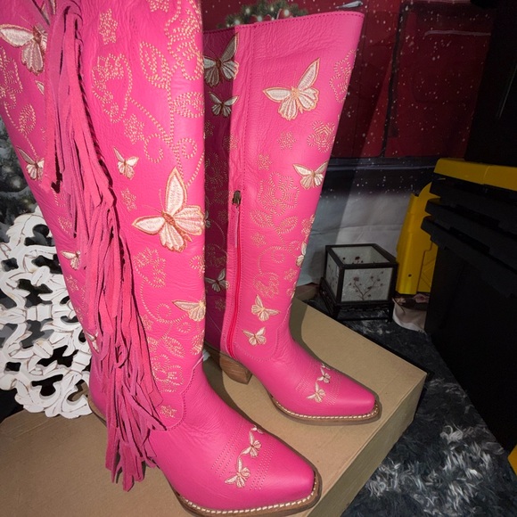 Dingo Retro Hot Pink Knee High Embroidered Leather Boots NWT Size 7